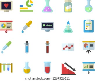 Color flat icon set graphic report flat vector, crisis, statistics, pipette, blood test, computer diagnostics of health, medical analysis, chart, point diagram, flask, gas burner, beakers