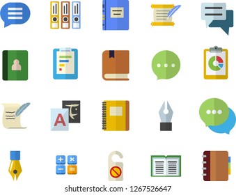 Color flat icon set graphic report flat vector, chat, calculator, ink pen, hostory roll, textbook, notebook, folders for papers, do not disturb fector, translate, book