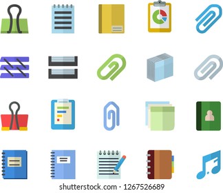 Color flat icon set graphic report flat vector, notebook, clip, sticker, paper tray, notepad, binder, note