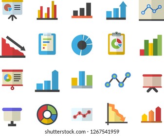 Color flat icon set graphic report flat vector, crisis, chart, scatter, flipchart, statistic, clircle diagram, point, presentaition board, achievement