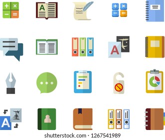 Color flat icon set graphic report flat vector, chat, calculator, ink pen, hostory roll, textbook, notebook, folders for papers, do not disturb fector, translate, book