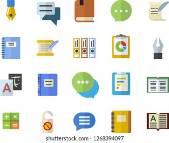 Color flat icon set graphic report flat vector, chat, calculator, ink pen, hostory roll, textbook, notebook, folders for papers, do not disturb fector, translate, book