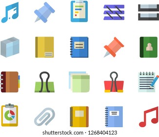 Color flat icon set graphic report flat vector, notebook, clip, sticker, paper tray, notepad, pushpin, binder, note