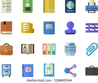 Color flat icon set graphic report flat vector, notebook, clip, document, to do list, printer, paper tray, copy machine, archive, stamp, textbook, folders for papers, passport fector, pass, share
