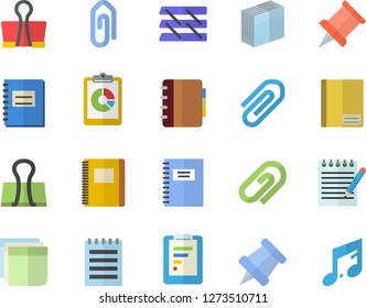 Color flat icon set graphic report flat vector, notebook, clip, sticker, paper tray, notepad, pushpin, binder, note