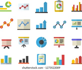 Color flat icon set graphic report flat vector, chart, statistics, scatter, flipchart, statistic, clircle diagram, point, presentaition board, achievement