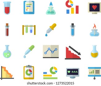 Color flat icon set graphic report flat vector, crisis, statistics, pipette, blood test, computer diagnostics of health, medical analysis, point diagram, flask, gas burner, beakers