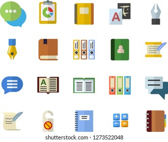 Color flat icon set graphic report flat vector, chat, calculator, ink pen, hostory roll, textbook, notebook, folders for papers, do not disturb fector, translate, book