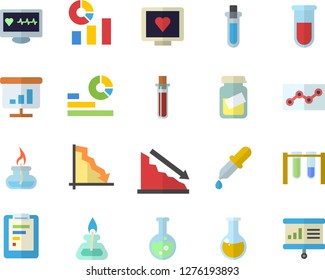 Color flat icon set graphic report flat vector, crisis, statistics, pipette, blood test, computer diagnostics of health, medical analysis, chart, point diagram, flask, gas burner, beakers