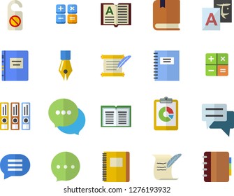 Color flat icon set graphic report flat vector, chat, calculator, ink pen, hostory roll, textbook, notebook, folders for papers, do not disturb fector, translate, book