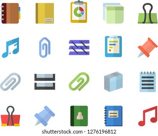Color flat icon set graphic report flat vector, notebook, clip, sticker, paper tray, notepad, pushpin, binder, note