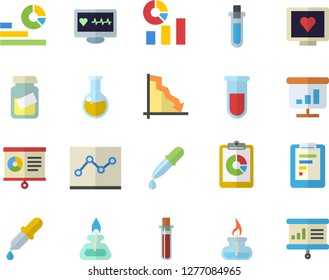 Color flat icon set graphic report flat vector, crisis, statistics, pipette, blood test, computer diagnostics of health, medical analysis, chart, point diagram, gas burner, beakers