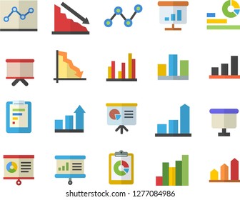 Color flat icon set graphic report flat vector, crisis, chart, statistics, scatter, flipchart, statistic, point diagram, presentaition board, achievement