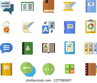 Color flat icon set graphic report flat vector, chat, calculator, hostory roll, textbook, notebook, folders for papers, do not disturb fector, translate, book