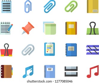 Color flat icon set graphic report flat vector, notebook, clip, sticker, paper tray, notepad, pushpin, binder, note