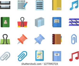 Color flat icon set graphic report flat vector, notebook, clip, sticker, paper tray, notepad, pushpin, binder, note