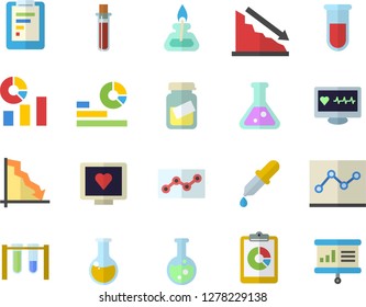 Color flat icon set graphic report flat vector, crisis, statistics, pipette, blood test, computer diagnostics of health, medical analysis, point diagram, flask, gas burner, beakers