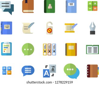 Color flat icon set graphic report flat vector, chat, calculator, ink pen, hostory roll, textbook, notebook, folders for papers, do not disturb fector, translate, book