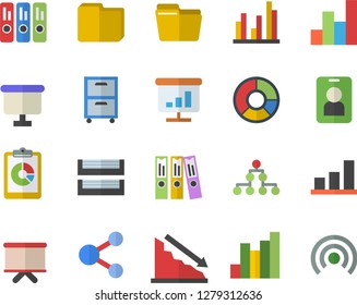 Color flat icon set graphic report flat vector, crisis, chart, flipchart, statistic, clircle diagram, computer file, folder, paper tray, archive, classification, pass fector, share, broadcast