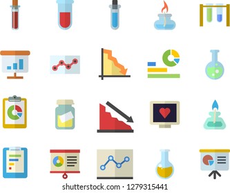 Color flat icon set graphic report flat vector, crisis, statistics, blood test, computer diagnostics of health, medical analysis, chart, point diagram, flask, gas burner, beakers