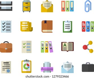 Color flat icon set graphic report flat vector, clipboard, document, folder, to do list, printer, paper tray, archive, contract, textbook, folders for papers, share, clip, message, book, briefcase
