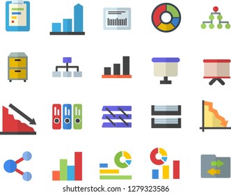 Color flat icon set graphic report flat vector, crisis, chart, statistics, flipchart, barcode, clircle diagram, folder, paper tray, archive, classification, share, file sharing