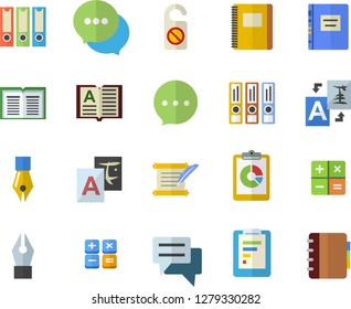 Color flat icon set graphic report flat vector, chat, calculator, ink pen, hostory roll, textbook, notebook, folders for papers, do not disturb fector, translate, book
