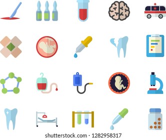 Color flat icon set graphic report flat vector, medical warmer, blood transfusion, pipette, test, microscope, hospital bed, ambulance, patch, ampoule, embryo, scalpel, tooth, broken, molecule, brain