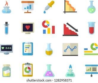 Color flat icon set graphic report flat vector, crisis, statistics, pipette, blood test, computer diagnostics of health, medical analysis, chart, point diagram, flask, gas burner, beakers