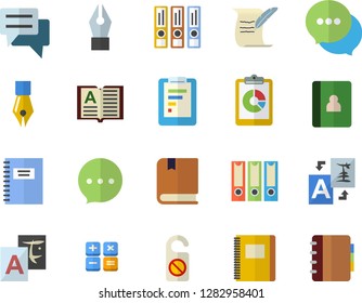 Color flat icon set graphic report flat vector, chat, calculator, ink pen, hostory roll, textbook, notebook, folders for papers, do not disturb fector, translate, book
