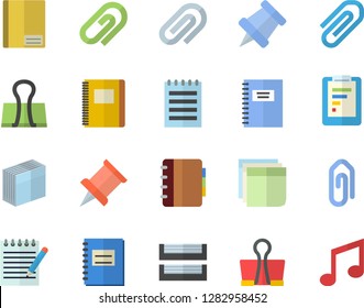 Color flat icon set graphic report flat vector, notebook, clip, sticker, paper tray, notepad, pushpin, binder, note