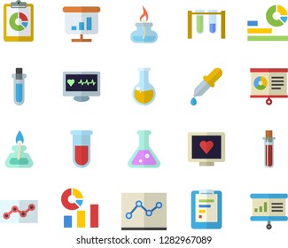 Color flat icon set graphic report flat vector, statistics, pipette, blood test, computer diagnostics of health, medical analysis, chart, point diagram, flask, gas burner, beakers