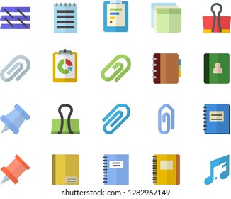 Color flat icon set graphic report flat vector, notebook, clip, sticker, paper tray, notepad, pushpin, binder, note