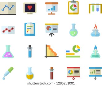 Color flat icon set graphic report flat vector, crisis, statistics, pipette, blood test, computer diagnostics of health, medical analysis, chart, point diagram, flask, gas burner, beakers