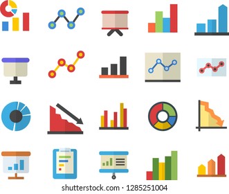 Color flat icon set graphic report flat vector, crisis, chart, statistics, scatter, flipchart, statistic, clircle diagram, point, presentaition board, achievement