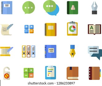 Color flat icon set graphic report flat vector, chat, calculator, ink pen, hostory roll, textbook, notebook, folders for papers, do not disturb fector, book