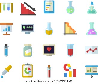 Color flat icon set graphic report flat vector, crisis, statistics, pipette, blood test, computer diagnostics of health, medical analysis, chart, point diagram, flask, gas burner, beakers