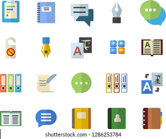 Color flat icon set graphic report flat vector, chat, calculator, ink pen, hostory roll, notebook, folders for papers, do not disturb fector, translate, book