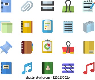 Color flat icon set graphic report flat vector, notebook, clip, sticker, paper tray, notepad, pushpin, binder, note