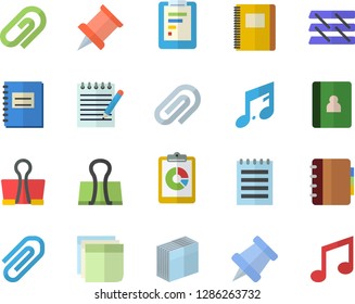 Color flat icon set graphic report flat vector, notebook, clip, sticker, paper tray, notepad, pushpin, binder, note