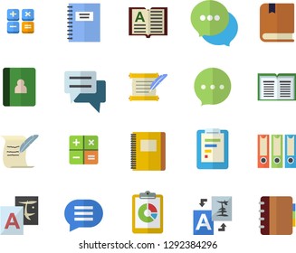 Color flat icon set graphic report flat vector, chat, calculator, hostory roll, textbook, notebook, folders for papers, translate, book