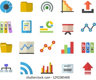 Color flat icon set graphic report flat vector, crisis, statistics, scatter chart, flipchart, barcode, statistic, clircle diagram, computer file, folder, point, classification, broadcast, upload
