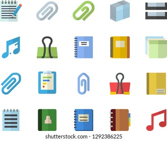 Color flat icon set graphic report flat vector, notebook, clip, sticker, paper tray, notepad, binder, note