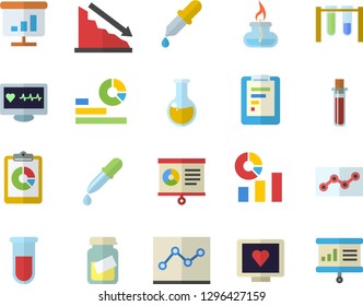 Color flat icon set graphic report flat vector, crisis, statistics, pipette, blood test, computer diagnostics of health, medical analysis, chart, point diagram, gas burner, beakers