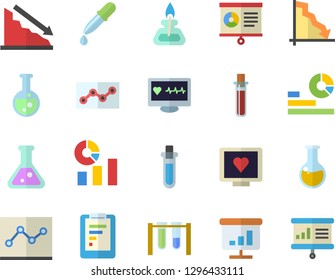 Color flat icon set graphic report flat vector, crisis, statistics, pipette, blood test, computer diagnostics of health, medical analysis, chart, point diagram, flask, gas burner, beakers
