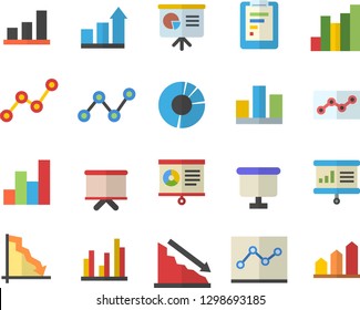 Color flat icon set graphic report flat vector, crisis, chart, scatter, flipchart, statistic, clircle diagram, point, presentaition board, achievement