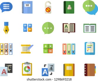 Color flat icon set graphic report flat vector, chat, calculator, ink pen, hostory roll, notebook, folders for papers, do not disturb fector, translate, book
