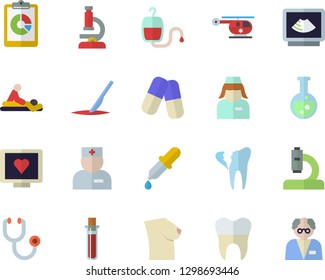 Color flat icon set graphic report flat vector, pills, blood transfusion, pipette, test, computer diagnostics of health, physician, stethoscope, microscope, massage, ultrasound, helicopter, nurse