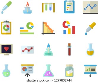 Color flat icon set graphic report flat vector, crisis, statistics, pipette, blood test, computer diagnostics of health, medical analysis, point diagram, flask, gas burner, beakers