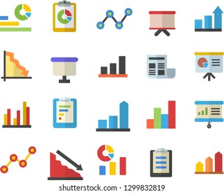 Color flat icon set graphic report flat vector, crisis, chart, statistics, scatter, flipchart, clipboard, statistic, document, presentaition board, achievement